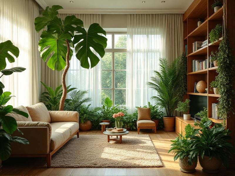 A cozy living room filled with lush indoor plants, including a tall fiddle-leaf fig, a snake plant, and a hanging pothos. The plants are strategically placed to enhance the flow of energy and create a sense of connection to nature, making the space feel alive and vibrant.