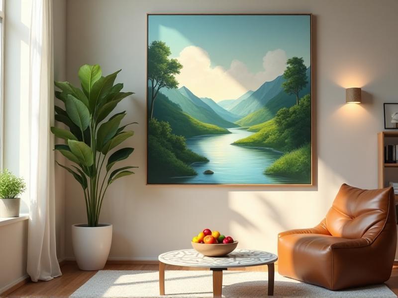 A clean and organized living space with a bowl of fresh fruit, a potted plant, and a painting of a serene landscape. The room is filled with natural light and fresh air, promoting health and well-being.