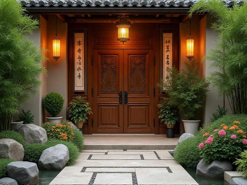 A harmonious front entrance with balanced Feng Shui elements, including vibrant plants, warm lighting, and meaningful decor, radiating a sense of peace and prosperity.