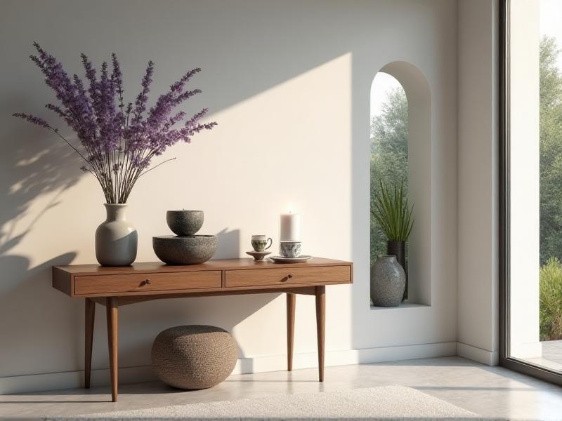 A tranquil entryway with a small tabletop fountain, a vase of fresh lavender, and a candle burning on a wooden console table. The walls are painted in a soft white, and the floor is covered with a light gray rug. The overall mood is calm and soothing, with a focus on natural elements and sensory experiences.