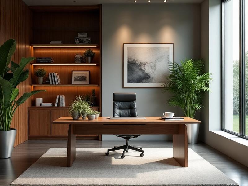 A modern home office with a desk placed in a commanding position, facing the door but not directly in line with it. The room features natural light, a few potted plants, and a small water feature on the desk, creating a focused and productive environment.