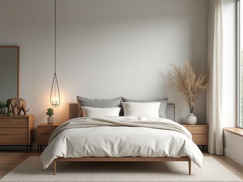 A minimalist bedroom with a neatly made bed, a pair of nightstands with matching lamps, and a dresser with a few carefully chosen decorative items. The room is free of clutter, with all belongings stored away in baskets or drawers. A large mirror reflects natural light from the window, making the space feel bright and airy. The overall atmosphere is clean, organized, and conducive to restful sleep.