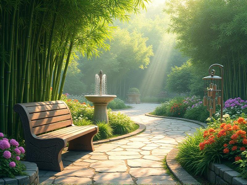 A lush garden with a winding stone pathway, surrounded by bamboo plants, flowering shrubs, and a small water fountain. The garden features a wooden bench, a metal wind chime, and a variety of colorful flowers, creating a serene and harmonious outdoor space.