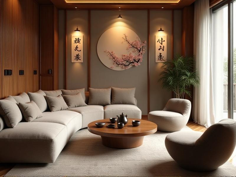 A cozy living room with furniture arranged according to Feng Shui principles. The sofa and chairs are positioned in a circular formation to encourage conversation, while a coffee table sits at the center, creating a balanced and harmonious layout.