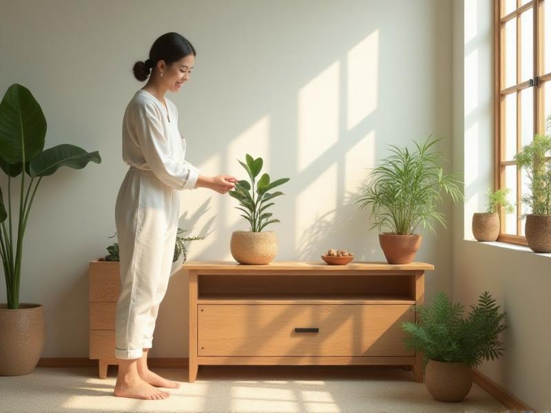 A person gently rearranging a small indoor plant on a wooden shelf, with a soft smile on their face. The room is clean and organized, with natural light streaming in through the windows. The image captures the ongoing process of maintaining a harmonious and energized space through thoughtful care and attention.