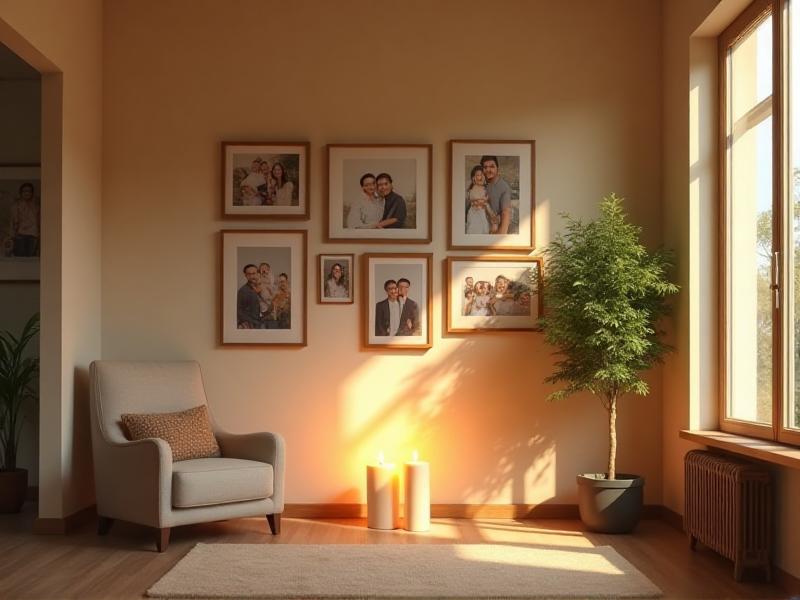 A warm and inviting east area of a home, featuring a family photo wall, a unity candle, and a potted plant. The area is free of clutter, allowing the flow of Chi to strengthen family bonds. The overall atmosphere is harmonious and connected, with a focus on family unity.