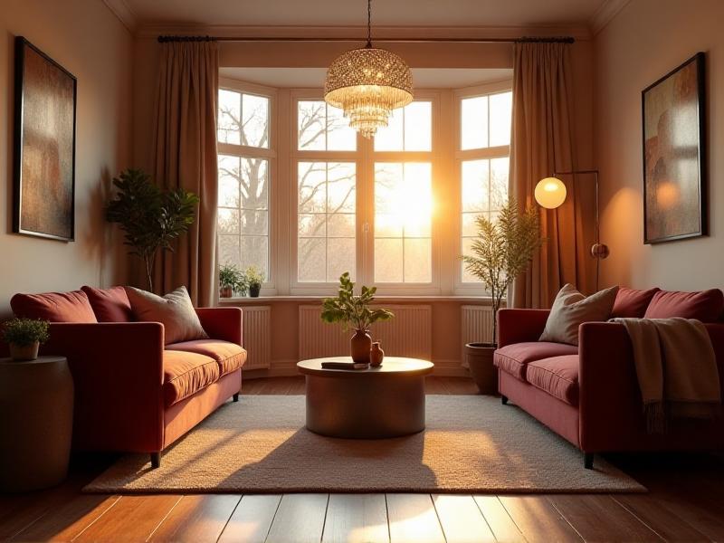 A well-lit living room with a combination of natural light, a wooden floor lamp, and a metal chandelier. The room is warm and inviting, with a balanced distribution of light that enhances the Feng Shui energy.