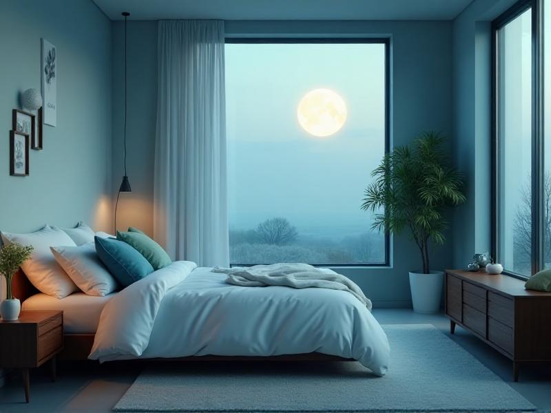 A serene bedroom with soft blue walls, creating a calming and peaceful atmosphere. The bed is dressed in white linens with a few blue and green accent pillows, adding a touch of color without overwhelming the space. A large window allows natural light to filter in, enhancing the sense of tranquility and promoting a restful night's sleep.