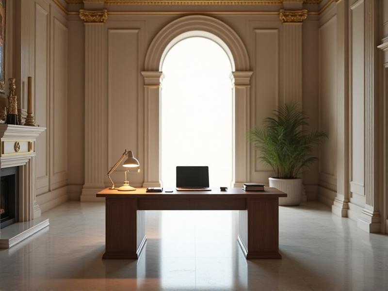 A well-organized desk positioned in the command position, facing the door with a clear view. The desk is clutter-free, with a laptop, a lamp, and a few essential items. The room is spacious and well-lit, promoting a sense of control and focus.