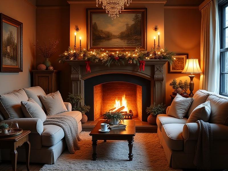 A cozy winter living room with warm, golden lighting from a fireplace and a table lamp. The room is decorated with soft blankets and pillows, creating a warm and inviting atmosphere during the colder months.