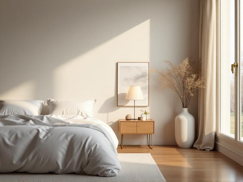 A minimalist bedroom with a neatly made bed, a small nightstand with a single lamp, and a few carefully chosen decorative items. The room is free of clutter, with everything in its place, creating a sense of calm and order. Natural light fills the space, enhancing the serene atmosphere.