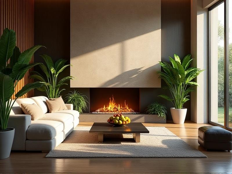 A modern living room with a large sofa placed diagonally across from a fireplace, surrounded by potted plants and a coffee table with a bowl of fresh fruit. The room is bathed in soft, natural light, creating a warm and inviting atmosphere.