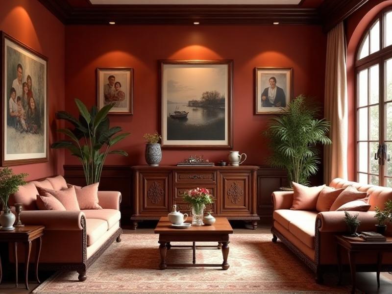 A traditional living room with rich, warm colors, ornate furniture, and family photos displayed on the walls. The room feels cozy and connected, perfectly embodying the principles of Feng Shui for creating a sense of warmth and continuity in a traditional home.