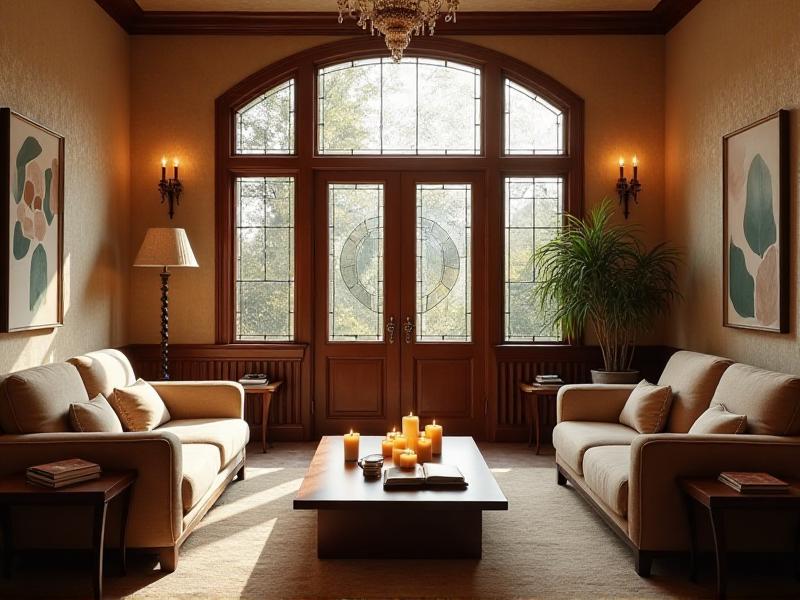 A well-arranged living room with a sofa and two armchairs facing each other, creating a cozy conversation area. A coffee table sits in the center, and a large window allows natural light to fill the room. The layout promotes a sense of openness and connection.