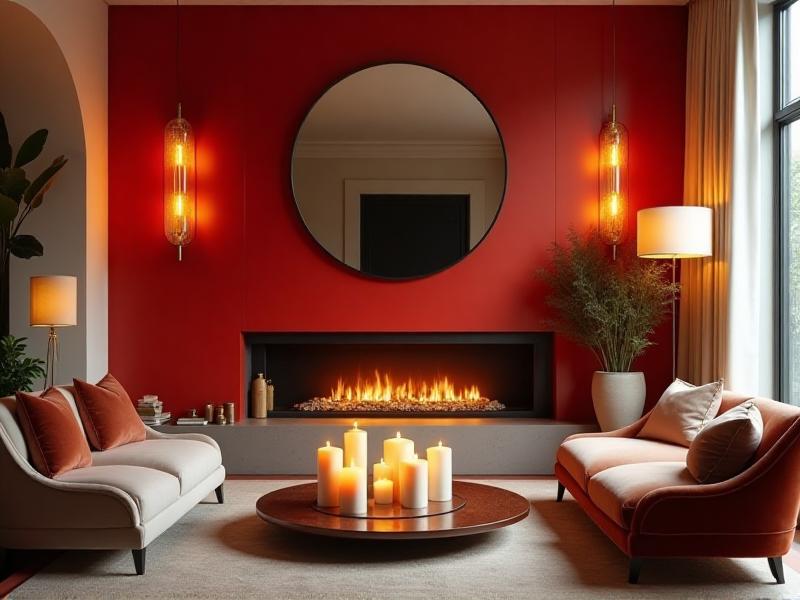 A modern living room with a red accent wall, a sleek fireplace, and a collection of candles on a coffee table. The warm lighting creates a cozy and energetic atmosphere, perfect for social gatherings.