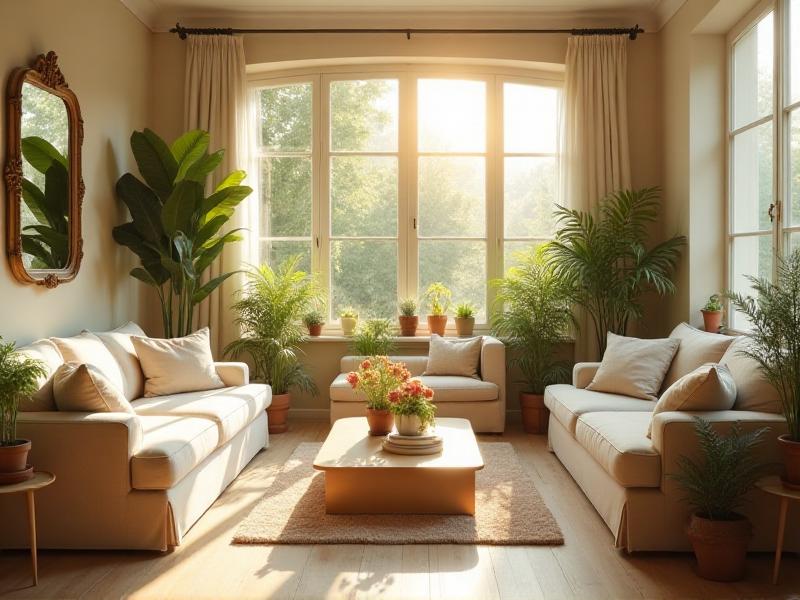 A spacious living room with large windows, allowing abundant natural light to flood the space. The room features light-colored furniture, a few potted plants, and a mirror that reflects the sunlight, creating a bright and airy atmosphere.