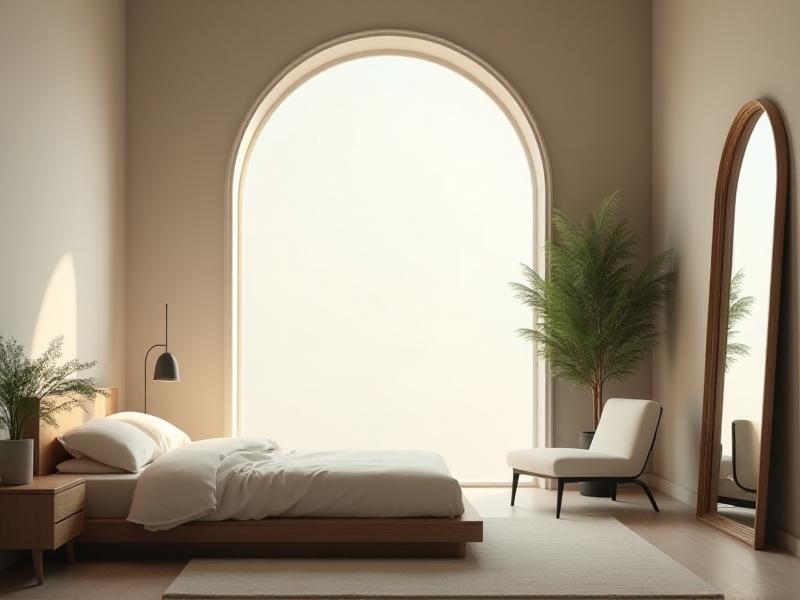 A tranquil bedroom with a bed in the command position, facing the door but not directly in line with it. The room features soft, neutral colors, minimal clutter, and a large window allowing natural light to flood the space. A small plant sits on the nightstand, adding a touch of Wood element to the room.