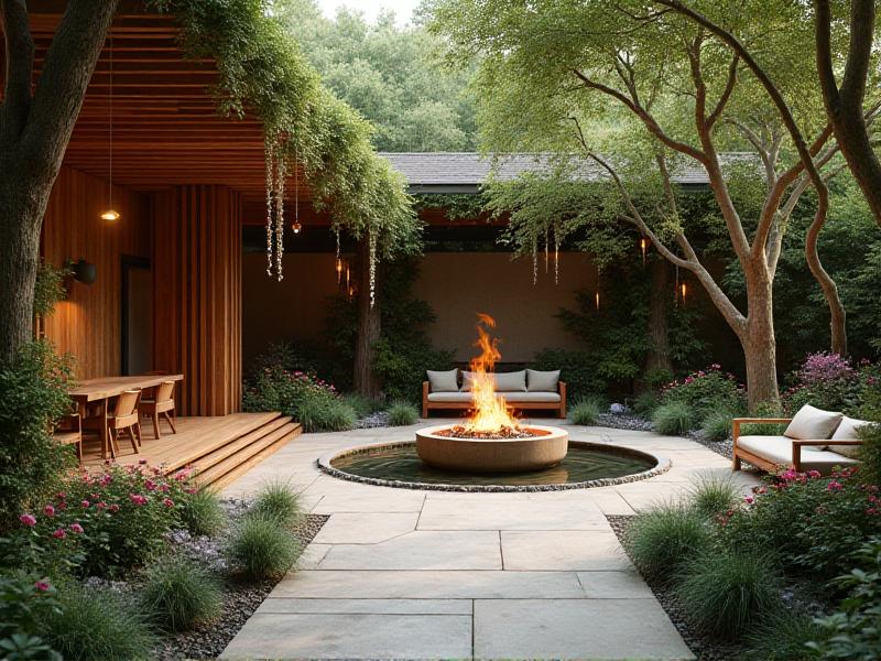 A beautifully designed outdoor space with a clear and welcoming entrance, surrounded by lush plants and flowers. The space incorporates the five elements: wooden furniture, metal sculptures, earthy tones, a water feature, and a fire pit. The garden is well-maintained and balanced, with comfortable seating and soft lighting creating a relaxing atmosphere.