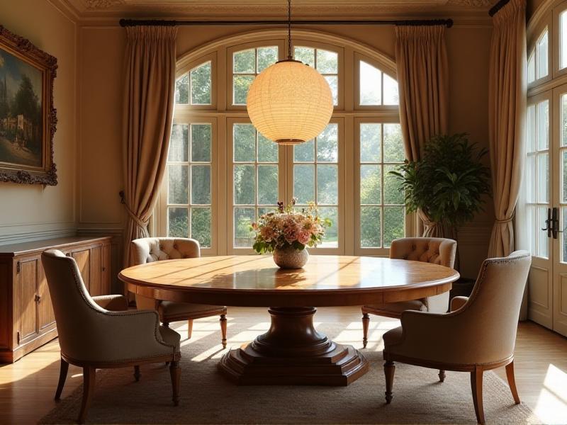 A spacious dining room featuring a round wooden table with a smooth, polished surface. The table is surrounded by six upholstered chairs in neutral tones, creating a balanced and harmonious arrangement. Soft overhead lighting casts a warm glow, enhancing the cozy and welcoming atmosphere.