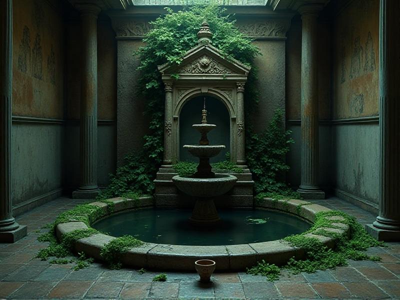 A neglected indoor fountain with stagnant water and algae growth, placed in a dimly lit corner. The image serves as a reminder of the importance of proper maintenance and placement of water features in Feng Shui to avoid negative energy.