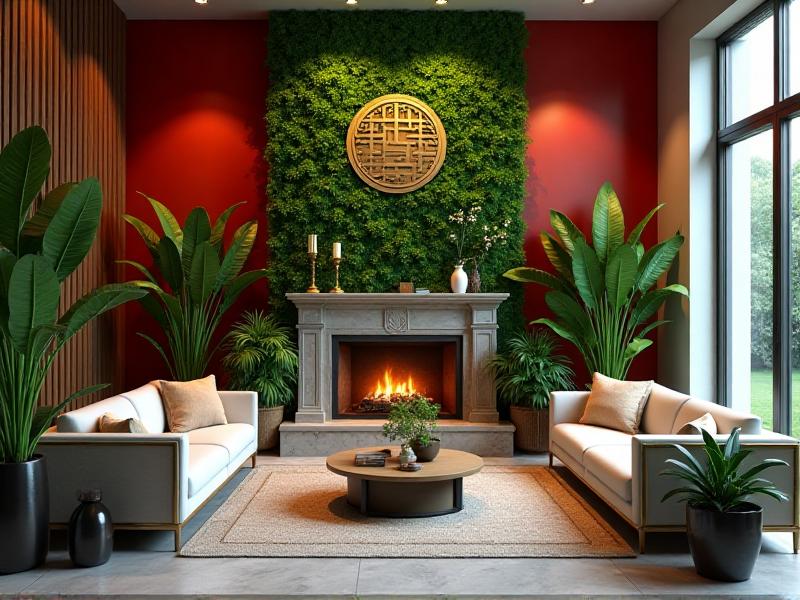 A beautifully balanced room incorporating the Five Elements of Feng Shui, featuring lush green plants (Wood), a vibrant red accent wall (Fire), earthy stone decor (Earth), sleek metallic furniture (Metal), and a small indoor fountain (Water). The space exudes harmony and balance, promoting positive energy flow.