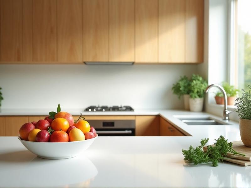 A bright and airy kitchen with clean, white countertops and wooden cabinets. The stove is positioned so that the cook can see the door, and a bowl of fresh fruit sits on the counter. A small water feature, such as a tabletop fountain, adds a calming element, while a few potted herbs on the windowsill bring in a touch of nature, creating a nourishing and harmonious space.