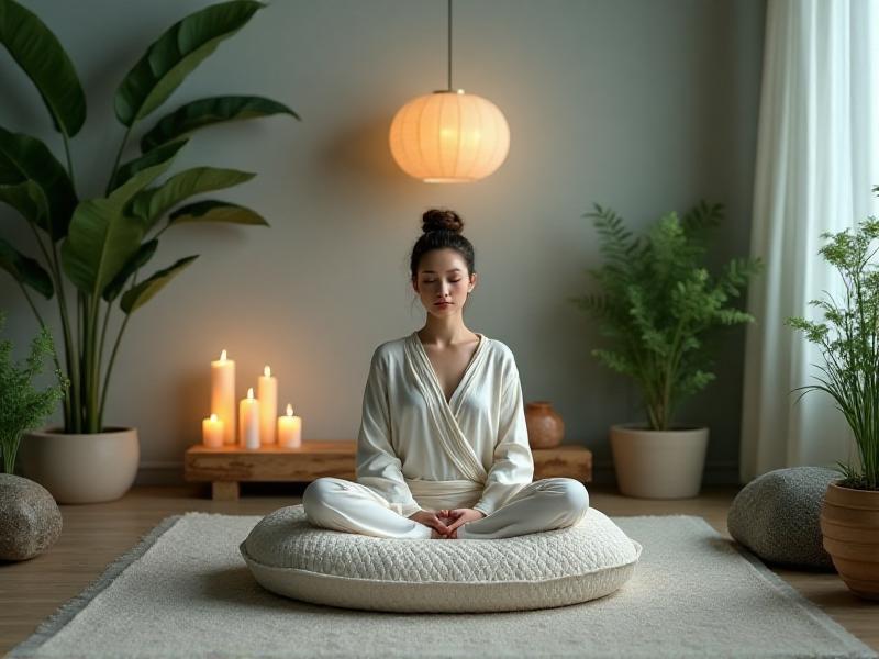 A serene meditation corner designed with Feng Shui principles, featuring a comfortable cushion, soft lighting, and a small altar with meaningful objects like candles and crystals. The space is decorated with calming colors and natural materials, creating a peaceful environment for mindfulness and reflection.