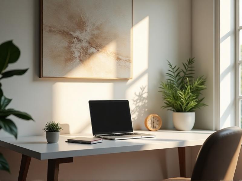 A well-organized home office with a desk positioned in the command position, facing the door. The desk is clutter-free, with a laptop, a notebook, and a small plant neatly arranged. A calming piece of abstract art hangs on the wall, and natural light streams in through a nearby window. The space feels focused and conducive to productivity.