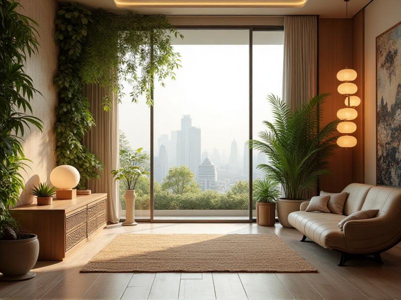 A futuristic living room designed with Feng Shui principles, featuring sleek furniture, smart lighting, and biophilic design elements. The space is both modern and harmonious, reflecting the evolving role of Feng Shui in contemporary interior design.