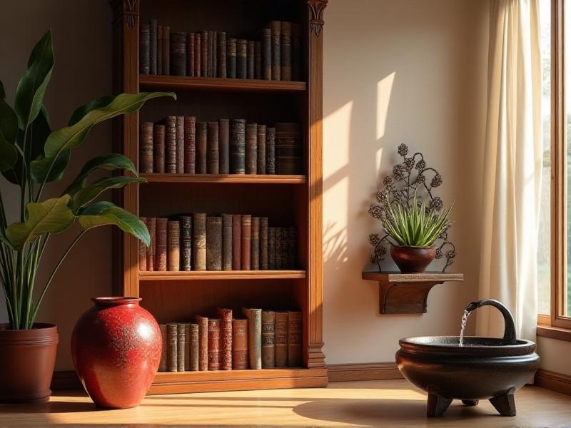 A beautifully balanced room featuring a wooden bookshelf, a red ceramic vase, a metal sculpture, a potted plant, and a small water fountain. The room is bathed in soft, natural light, creating a peaceful and harmonious atmosphere.