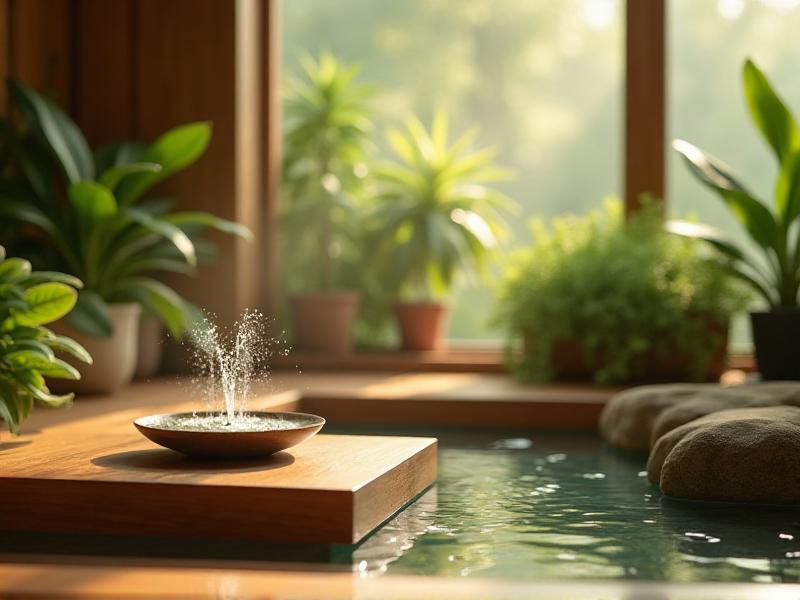 A serene living room with soft natural lighting, featuring a minimalist design with wooden furniture, a small indoor water fountain, and lush green plants arranged according to Feng Shui principles. The room exudes calmness and balance, with warm earthy tones and soft textures.