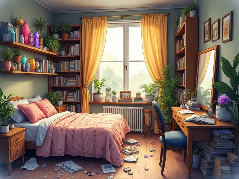 A humorous illustration of common Feng Shui mistakes, such as a cluttered room filled with too many crystals, a bed placed directly under a window, and a mirror reflecting a messy desk. The image serves as a lighthearted reminder to approach Feng Shui with balance and mindfulness.