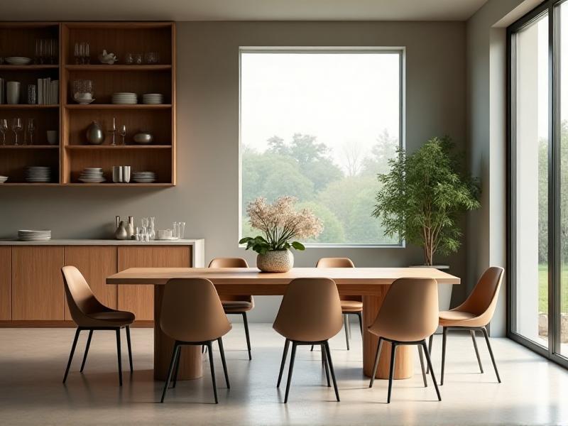 A tidy dining room with a clean wooden table and chairs, free of clutter. A stylish sideboard with closed cabinets provides ample storage, keeping the space organized and serene. The room is bathed in soft, natural light, creating a peaceful and harmonious atmosphere for family meals.