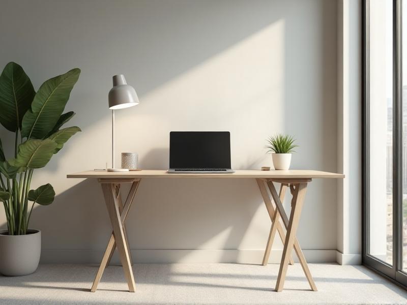 A well-organized desk positioned in the command position, with a solid wall behind it and a clear view of the door. The desk is adorned with a laptop, a small plant, and a few office supplies. The room is decorated with soft, neutral tones, creating a calm and focused environment.