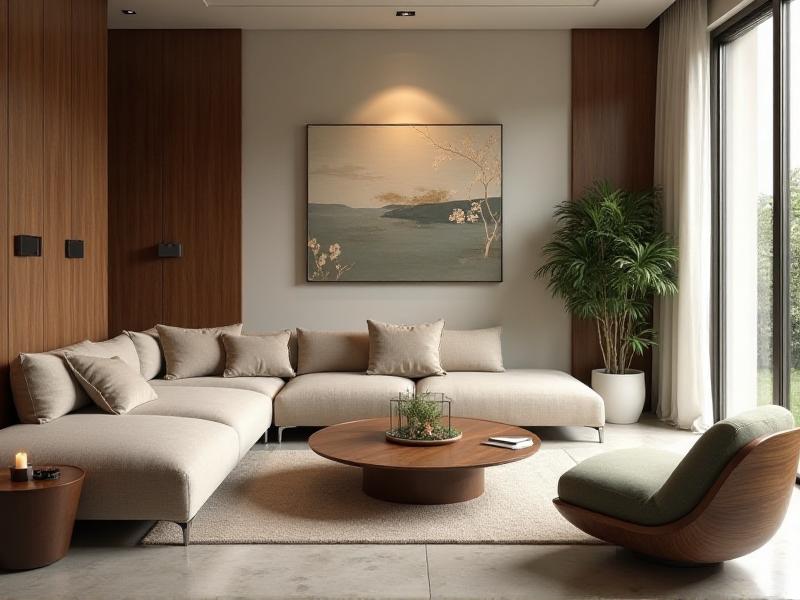 A serene living room with balanced furniture arrangement, soft natural lighting, and a harmonious blend of wood, metal, and earth tones, symbolizing the principles of Feng Shui.