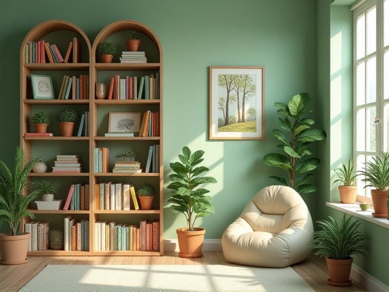 A child's room with soft pastel green walls adorned with framed artwork of a serene forest scene. A wooden bookshelf holds colorful books and small potted plants, while a cozy reading nook with a bean bag chair and soft lighting invites relaxation and creativity.