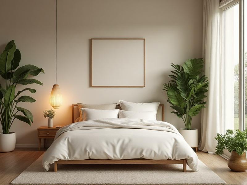 A tranquil bedroom with a large bed placed in a commanding position, facing the door but not directly in line with it. The room features soft, neutral tones, natural wood furniture, and a few potted plants, creating a peaceful and restful environment.