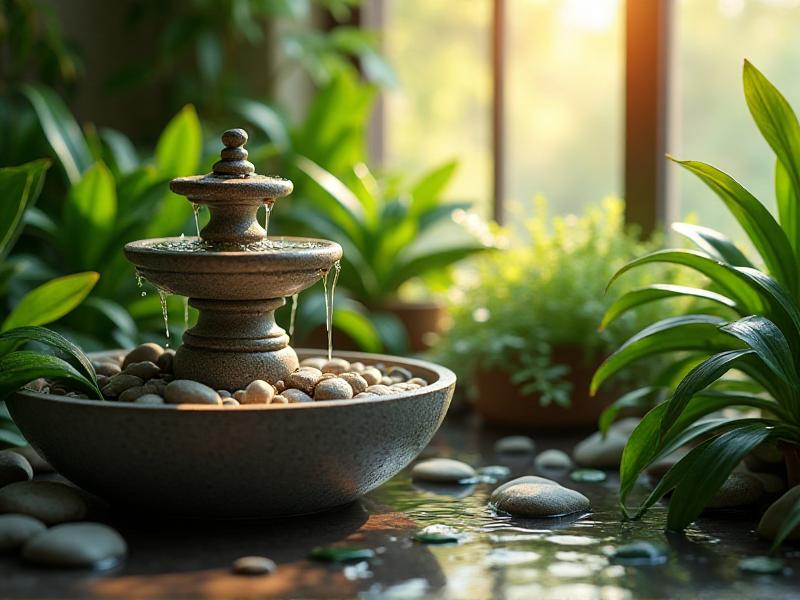 A small indoor tabletop fountain with smooth stones and gently flowing water, surrounded by lush green plants and placed near a window to catch natural light, creating a peaceful and harmonious ambiance.