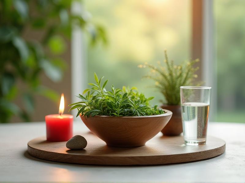 A visual representation of the five Feng Shui elements: wood, fire, earth, metal, and water. The image shows a circular arrangement of symbolic items, such as a wooden bowl, a red candle, a clay pot, a metal vase, and a glass of water, set against a neutral background. The lighting is soft and natural, emphasizing the interconnectedness of the elements.