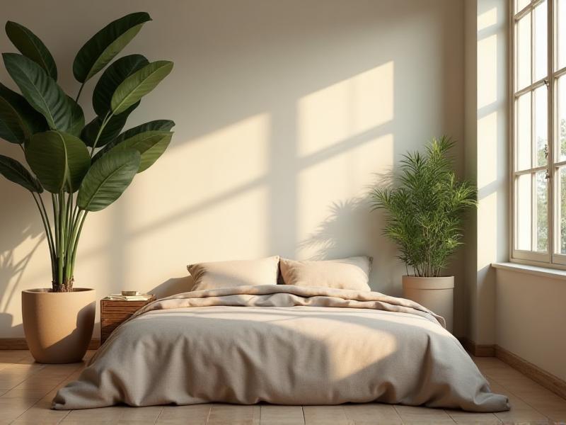 A bedroom with a large potted plant in the corner, its rounded leaves adding a touch of nature to the space. The bed is dressed in soft, cotton linens, and a wooden nightstand sits beside it. The room feels grounded and serene, with natural light streaming through the windows.