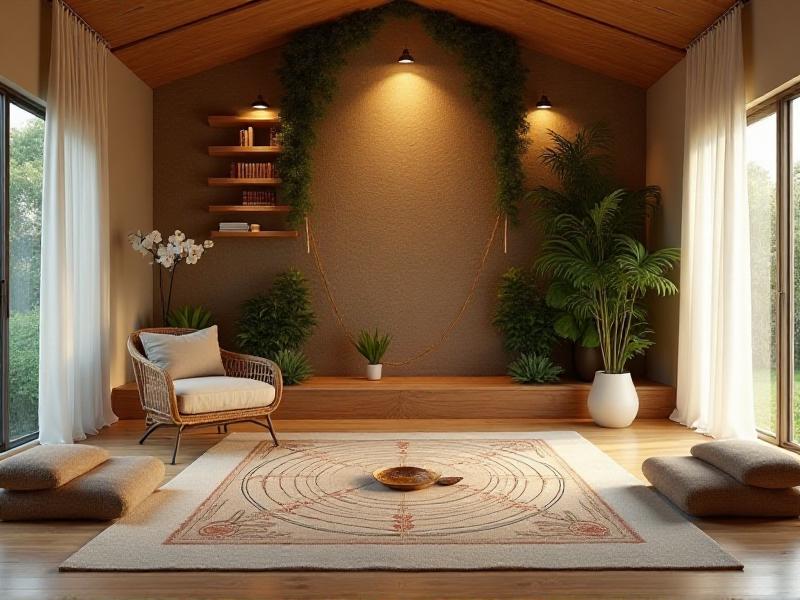 A modern living room with a Bagua Map overlaid on the floor plan, showing the nine life areas. The room features a mix of natural materials, soft lighting, and carefully placed decor items to enhance the flow of Qi. The image conveys a sense of intentional design and harmony.