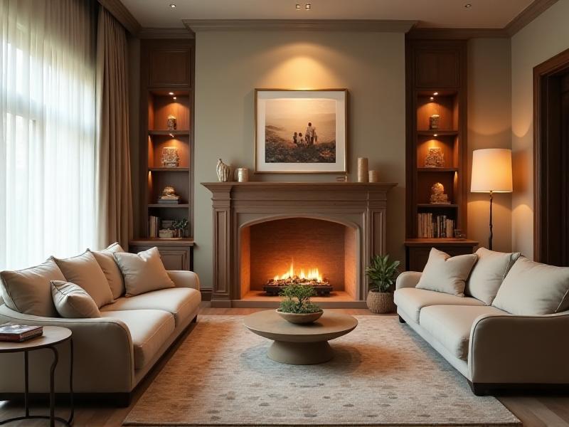 A cozy family room designed with Feng Shui principles, featuring a comfortable sectional sofa, a soft area rug, and a warm fireplace. The room is filled with natural light, and a family photo sits on the mantel, adding a personal touch. The overall mood is welcoming and comforting, with a focus on creating an emotional connection with potential buyers.