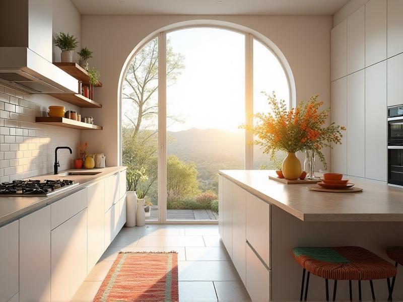 A bright and airy kitchen with white cabinets, a large window letting in natural light, and a few colorful accents, creating a cheerful and energizing atmosphere.