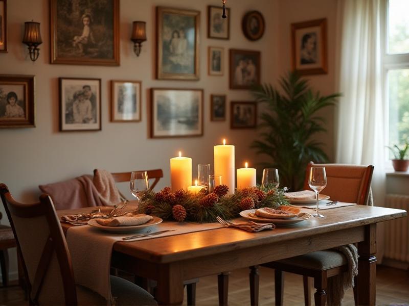 A dining room adorned with a gallery wall of family photos and artwork, creating a personalized and meaningful space. A wooden table is set with a natural centerpiece of pinecones and candles, adding warmth and charm. The room exudes a sense of love and connection, perfect for strengthening family bonds.