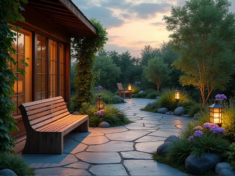 A serene outdoor patio designed with Feng Shui principles, featuring a wooden bench, a small water fountain, and lush greenery. The space is bathed in soft evening light, creating a peaceful and relaxing atmosphere. The overall mood is tranquil and harmonious, symbolizing the long-term benefits of Feng Shui in creating a balanced and inviting home.