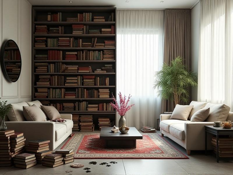 A before-and-after image of a living room: the left side shows a cluttered space with piles of books, scattered decor, and disorganized furniture, while the right side reveals a clean, minimalist room with neatly arranged items, open spaces, and a sense of calm. The transformation highlights the impact of decluttering on energy flow.