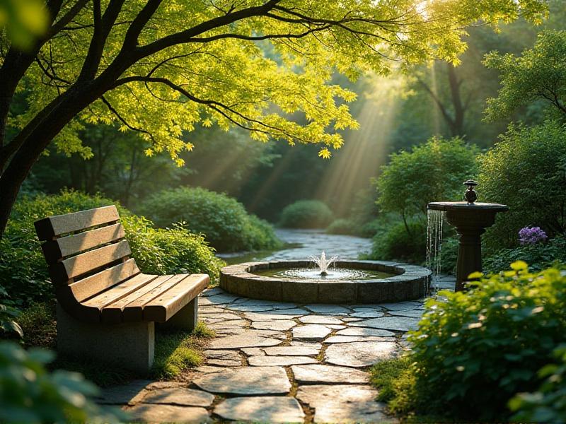 A serene backyard with a stone pathway, a small water fountain, lush greenery, and a wooden bench, creating a peaceful and harmonious outdoor retreat.