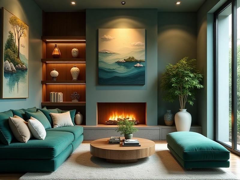 A beautifully balanced home interior with a mix of Feng Shui colors: soft blues, greens, and earthy tones. The space feels inviting, peaceful, and full of positive energy, showcasing the transformative power of color in Feng Shui.