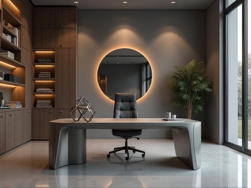 A modern office with a sleek metal desk, a metallic sculpture, and a mirror strategically placed to redirect energy. The room is organized and free of clutter, symbolizing resilience and the ability to overcome career challenges.