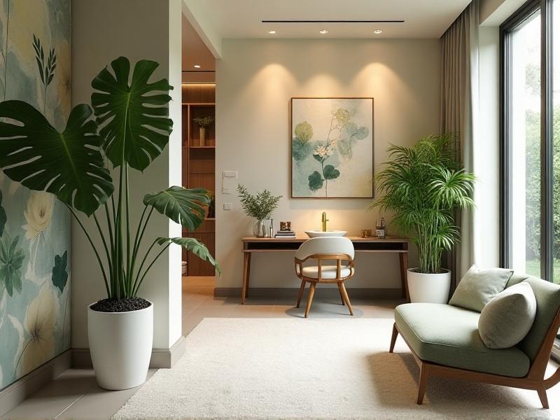 A beautifully balanced home interior with plants strategically placed throughout. A large Monstera stands in the corner, a Lucky Bamboo sits on a desk, and a Snake Plant adds a touch of green to the bathroom. The space feels open, airy, and full of positive energy.